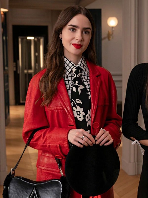 Emily-in-Paris-S04-Lily-Collins-Red-Leather-Coat-1