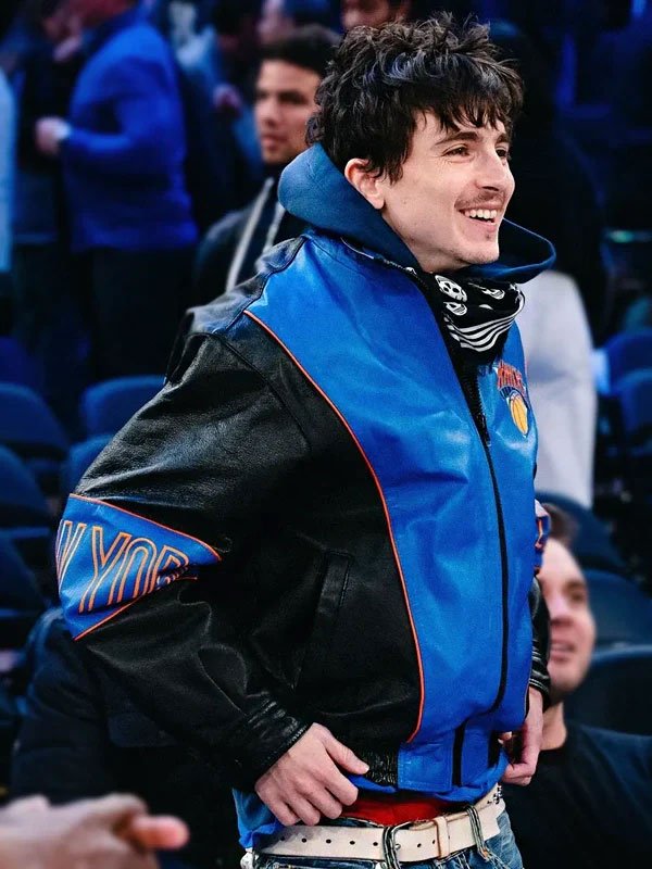 new-york-knicks-timothee-chalamet-blue-leather-jacket-2